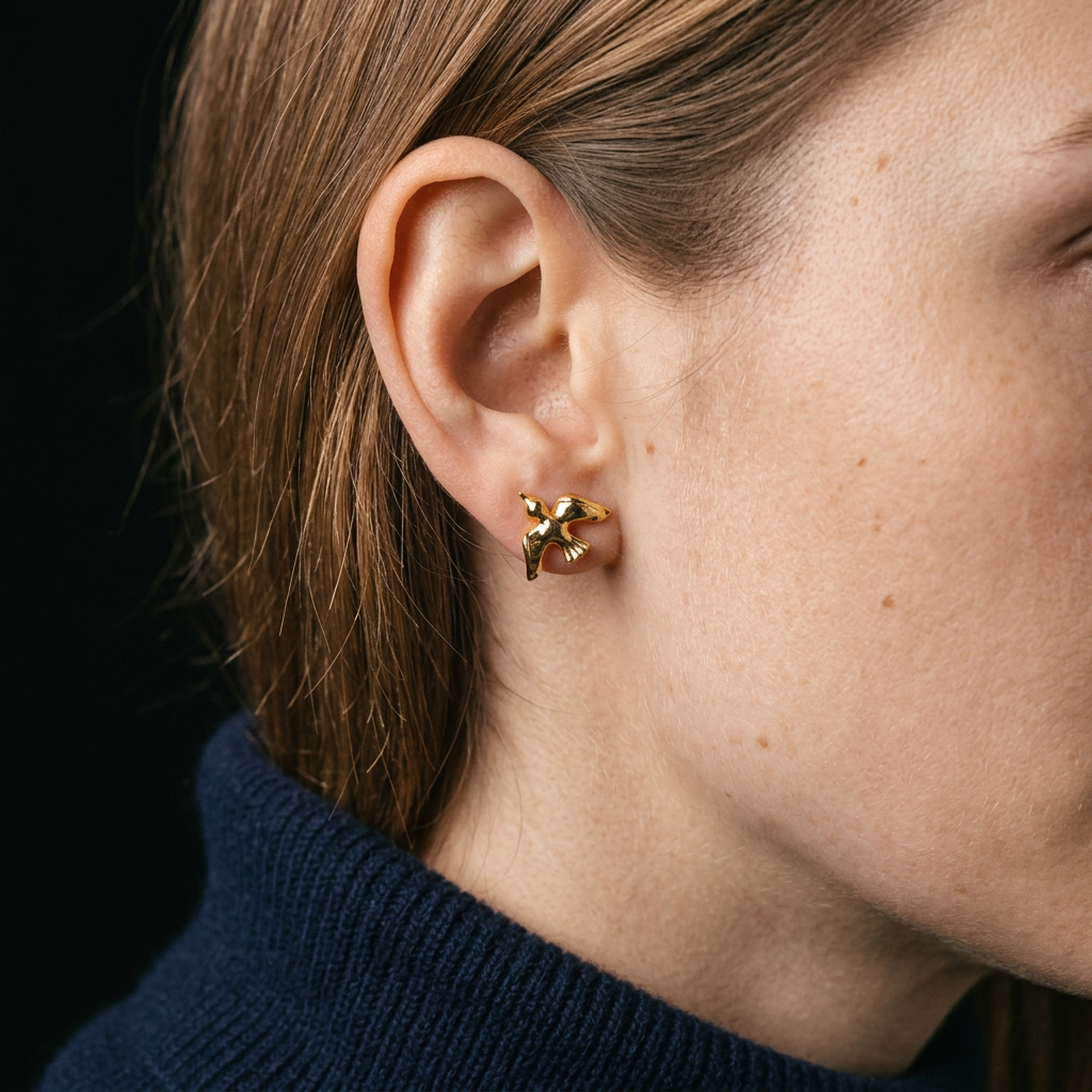 24K 999 Pure Gold Mini Bird Freedom Minimal Stud Earrings