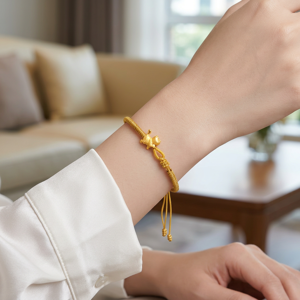 24K Gold Cute Kitty Cat Charm Braided Bracelet