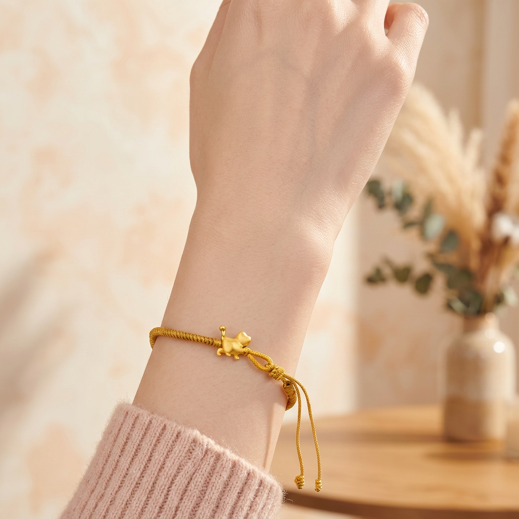 24K Gold Cute Kitty Cat Charm Braided Bracelet