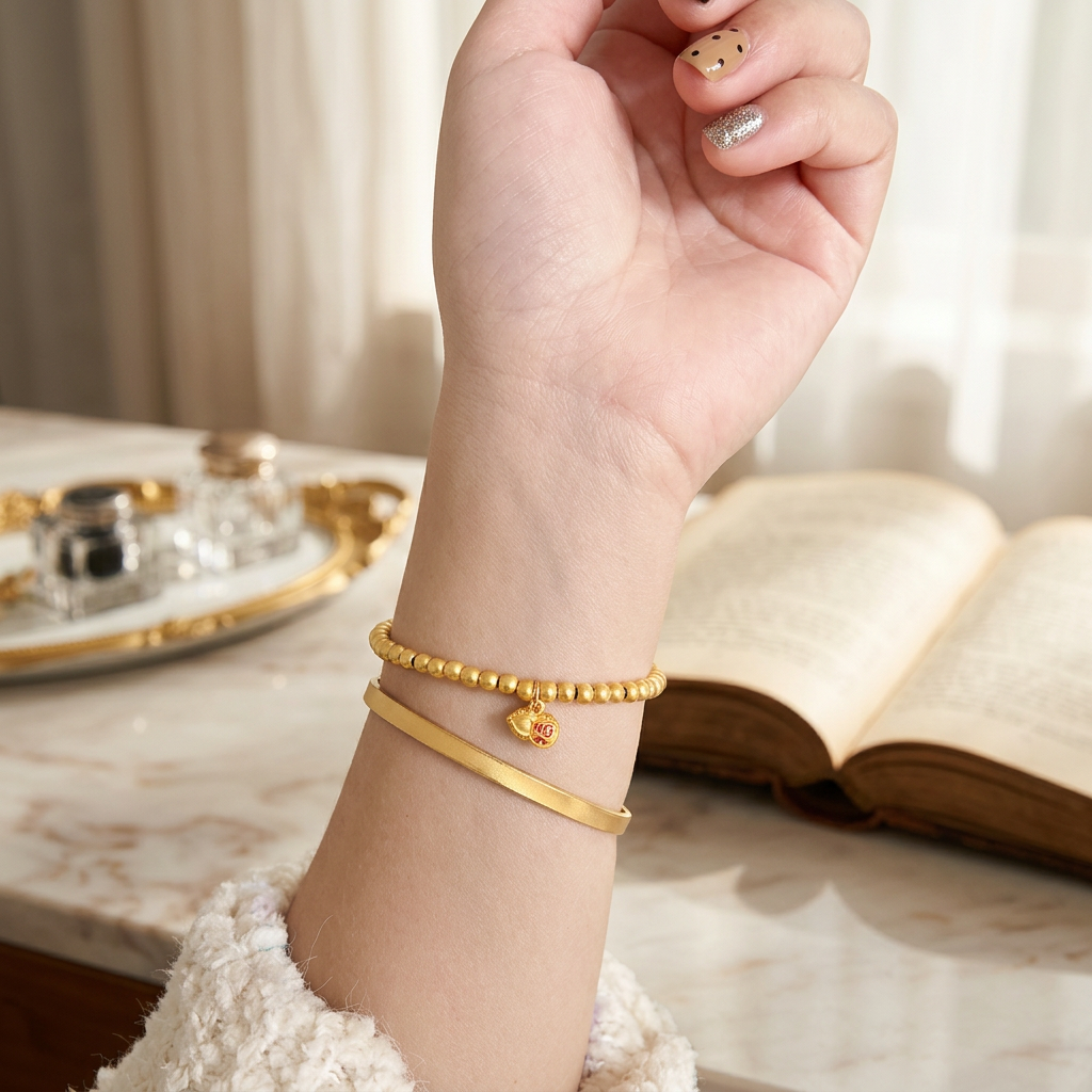 24K 5D Gold Minimal Beads Peanut Blessing Charm Bracelet