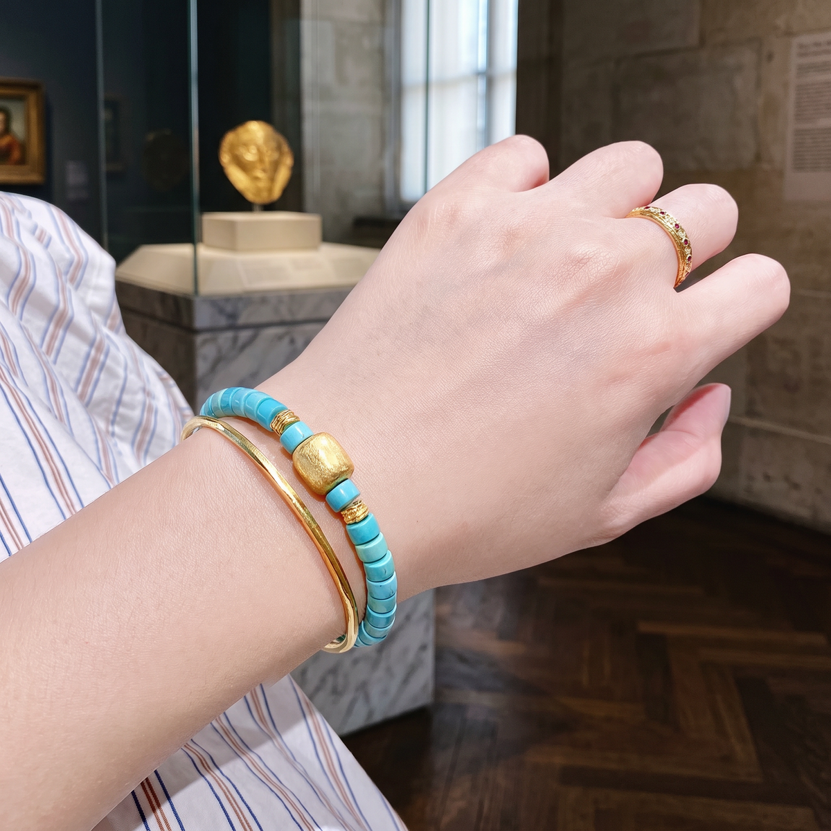 24k 999 Gold Hammered Charm Natural Turquoise Beads Bracelet