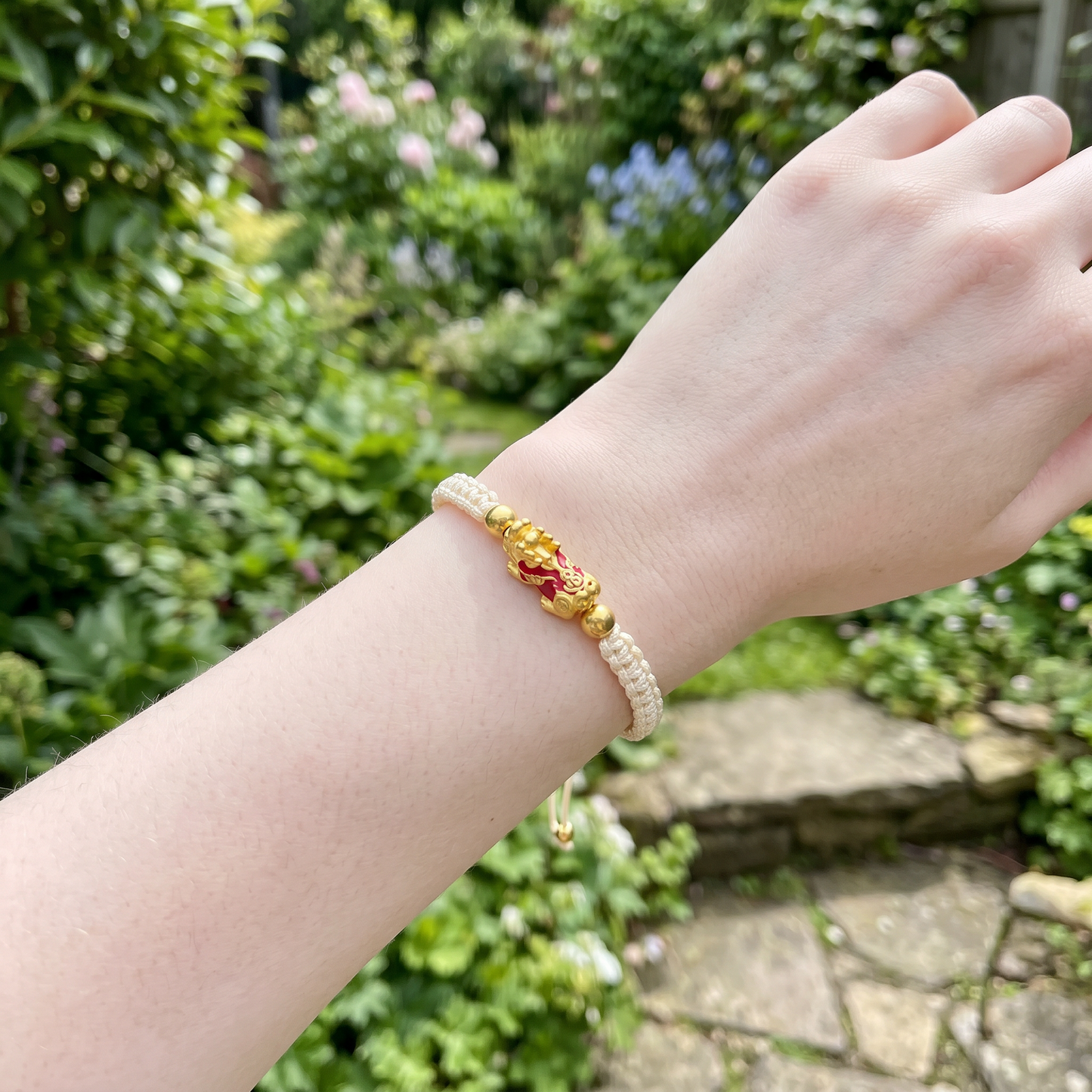 24K 999 Gold Enamel Dance Lion Charm String Cord Adjustable Bracelet
