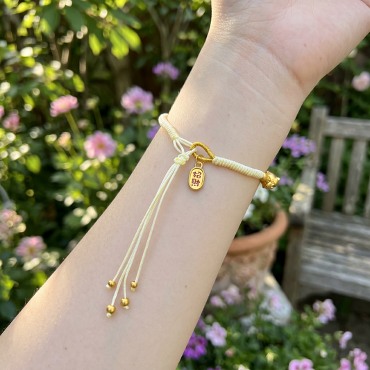24K 999 Gold Enamel Dance Lion Charm String Cord Adjustable Bracelet
