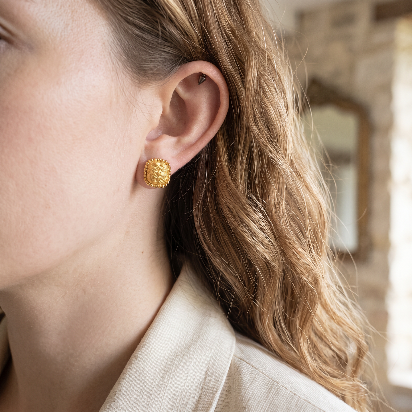 24K 999 Pure Gold Twisted Braid Stud Earrings