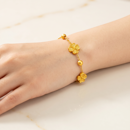 24k Fine Gold Clover Leaf Charms Shinning Adjustable Bracelet Gift