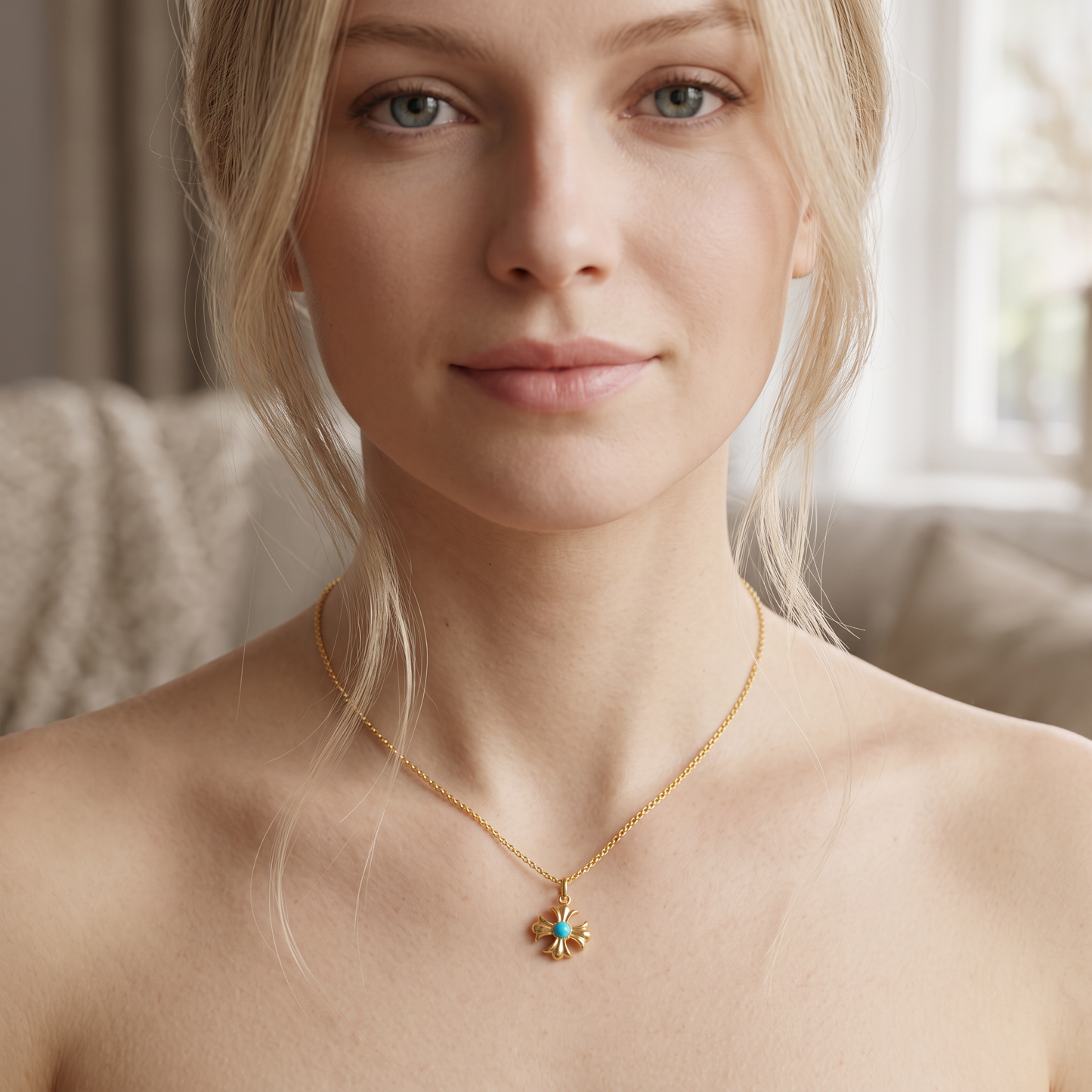18K Gold Mini Cross Turquoise Pendant Charm D.I.Y