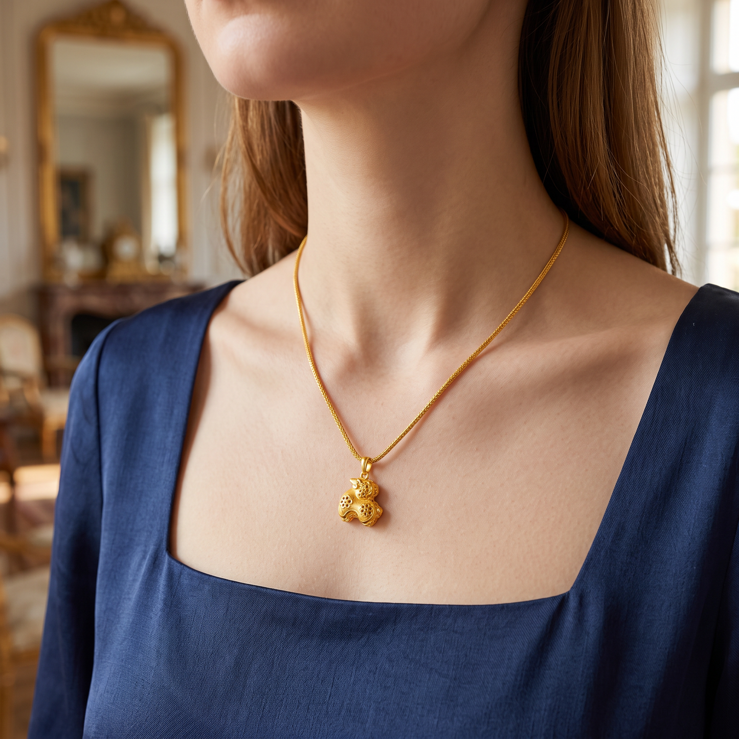 24K Gold Hollow Plum Blossom Year of Sheep Zodiac Pendant