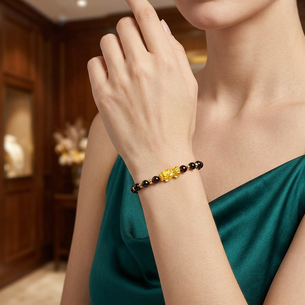 24K 999 Gold Pixiu Charm Garnet Beads Unisex Bracelet