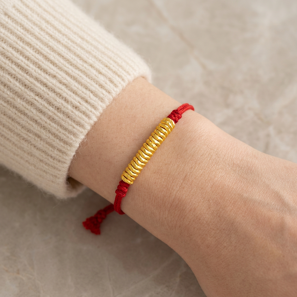 24K 999 Gold Beads Hammer Charm Weaving Adjustable Minimal Unisex Bracelet