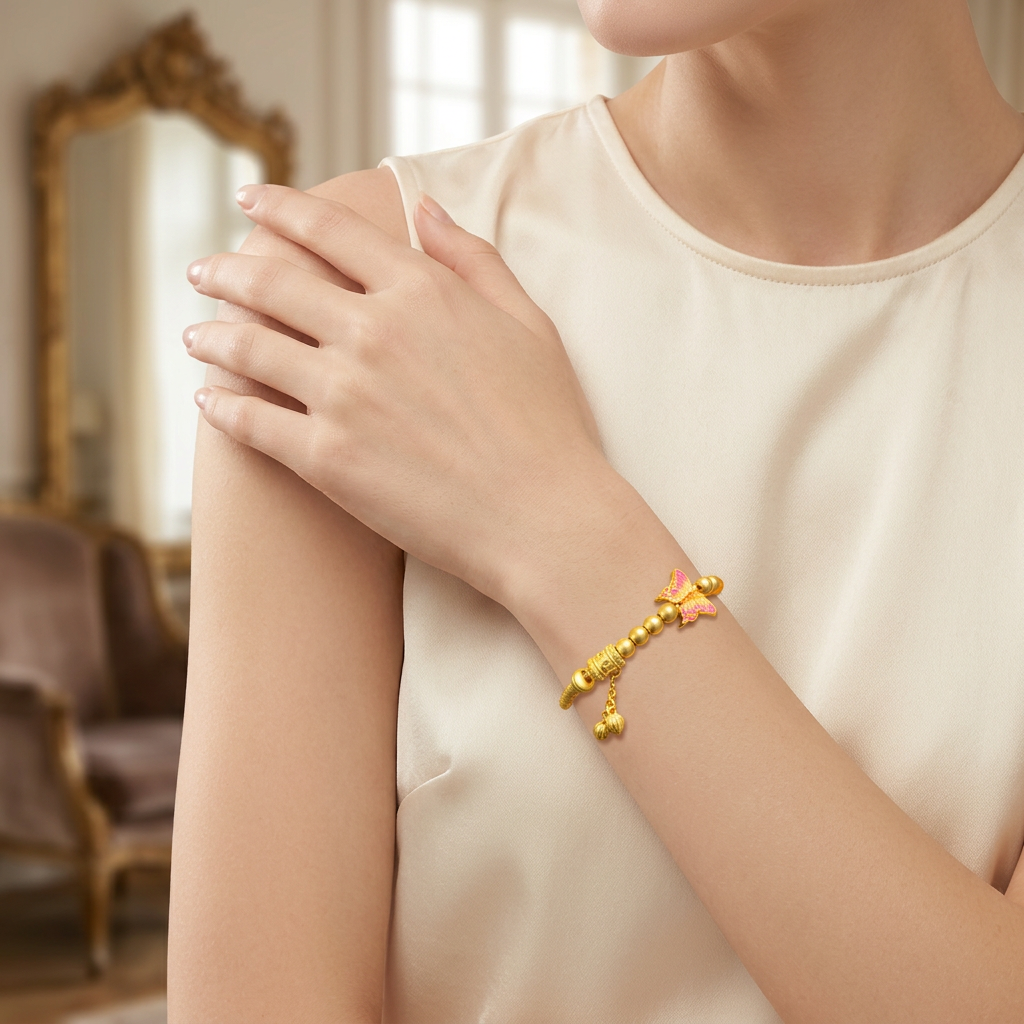 24K 999 Gold Auspicious Words Butterfly Charm Good Luck Half Bangle Bracelet