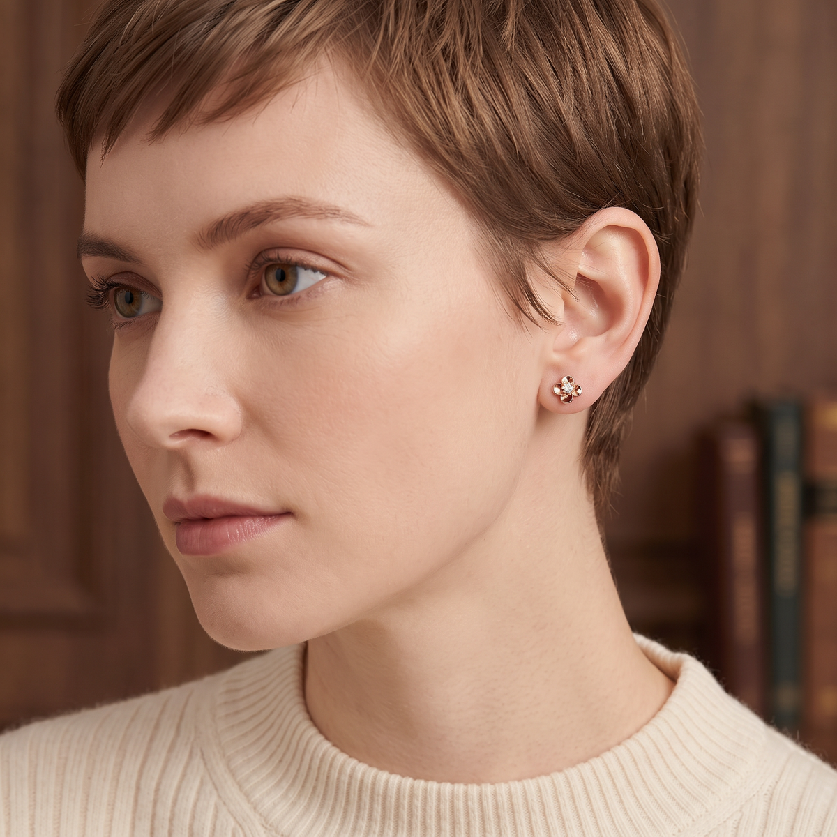18K Fine Rose Gold Radiant Floral Flower Zirconia Stud Earrings