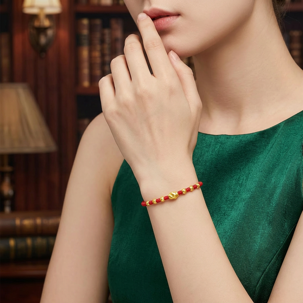 24K 999 Gold Cat's Eye Cylindrical Beads Red Cord Adjustable Weaving Bracelet