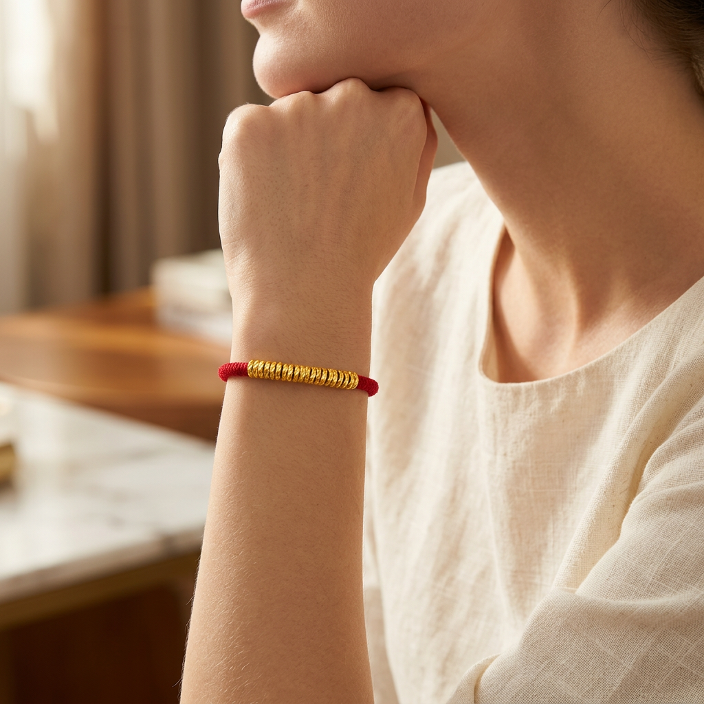 24K 999 Gold Beads Hammer Charm Weaving Adjustable Unisex Bracelet
