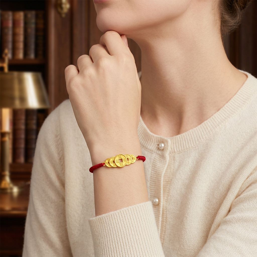24K 999 Gold The Five Emperor Coins Charm Weaving Bracelet