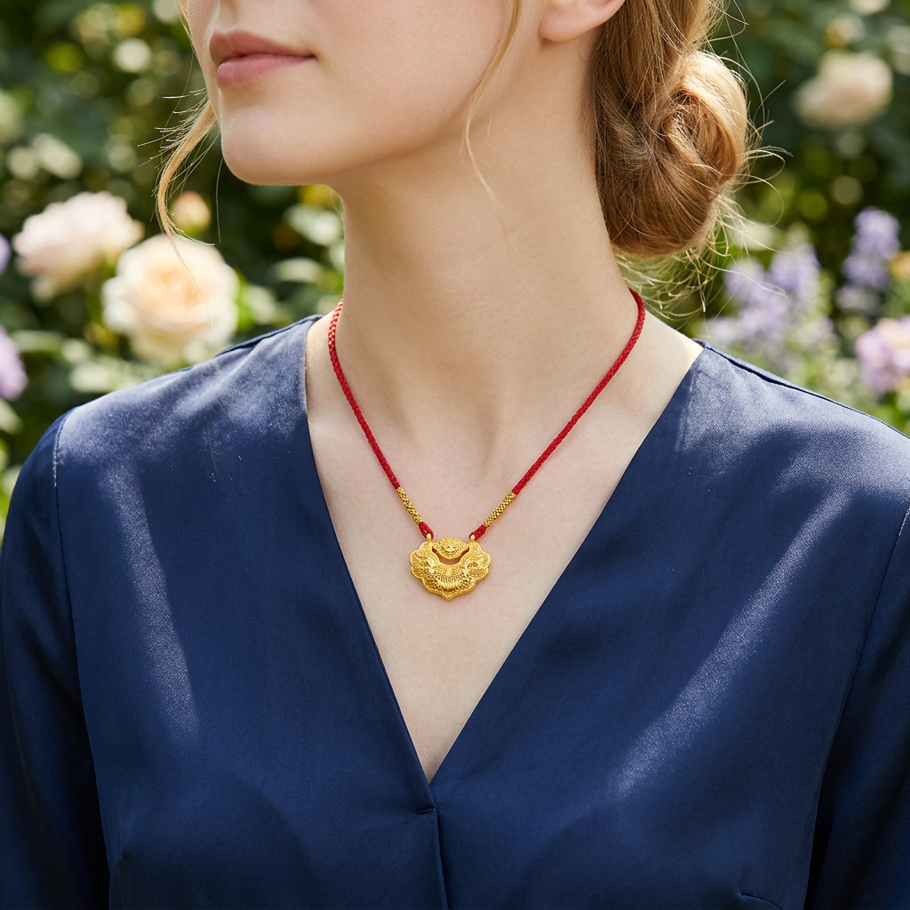 24K Gold Double Koi Fish Longevity Lock Pendant Unisex Necklace with Braided Cord