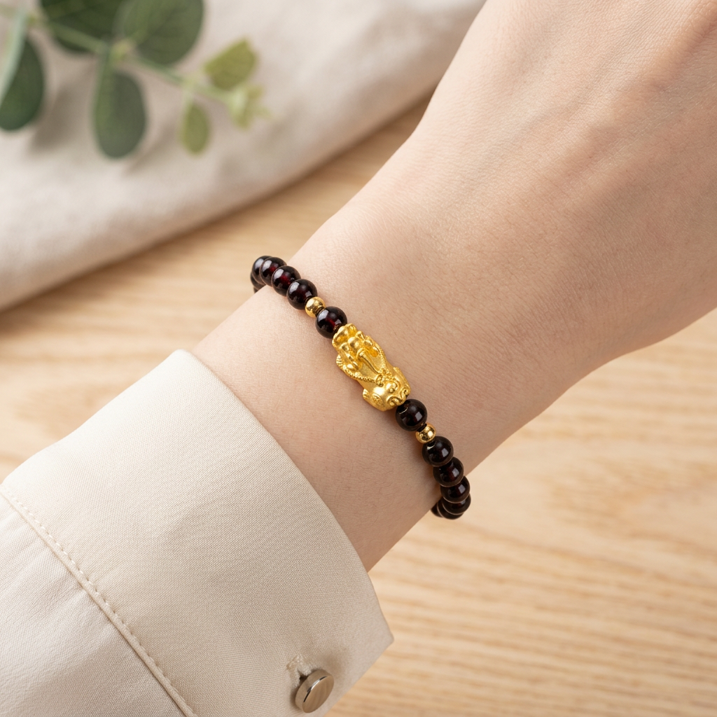 24K 999 Gold Pixiu Charm Garnet Beads Unisex Bracelet