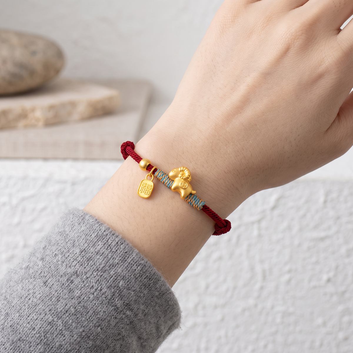24k 999 Gold Zodiac year of Sheep Charm Cord Adjustable Bracelet