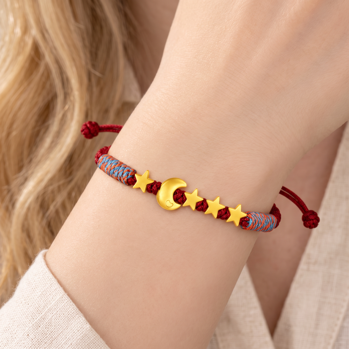 24k 999 Gold Moon and Star Charm Cord Adjustable Bracelet