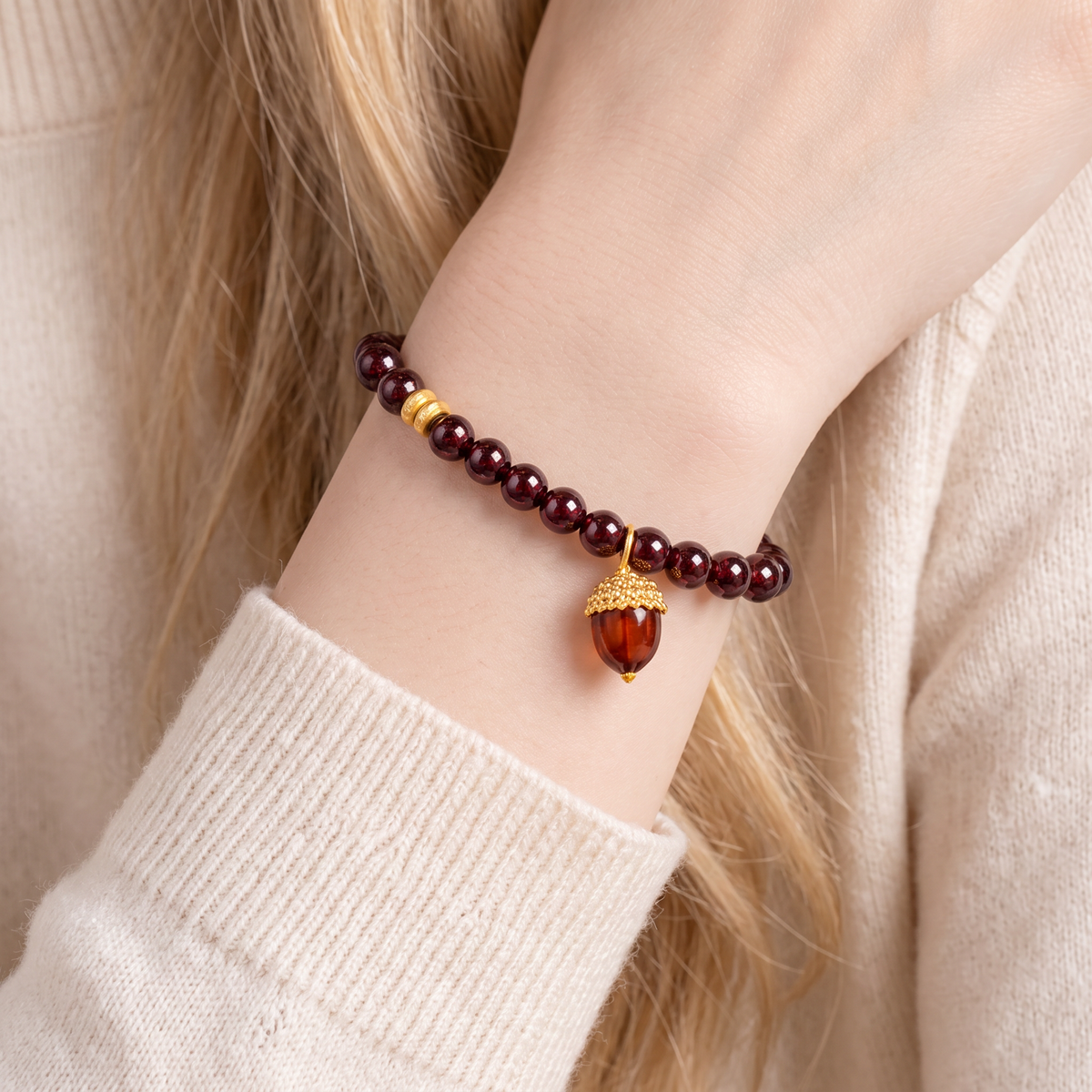 24K 999 Gold Flat Bead with Acorn Charm Fortune Lucky Garnet Beads Bracelet