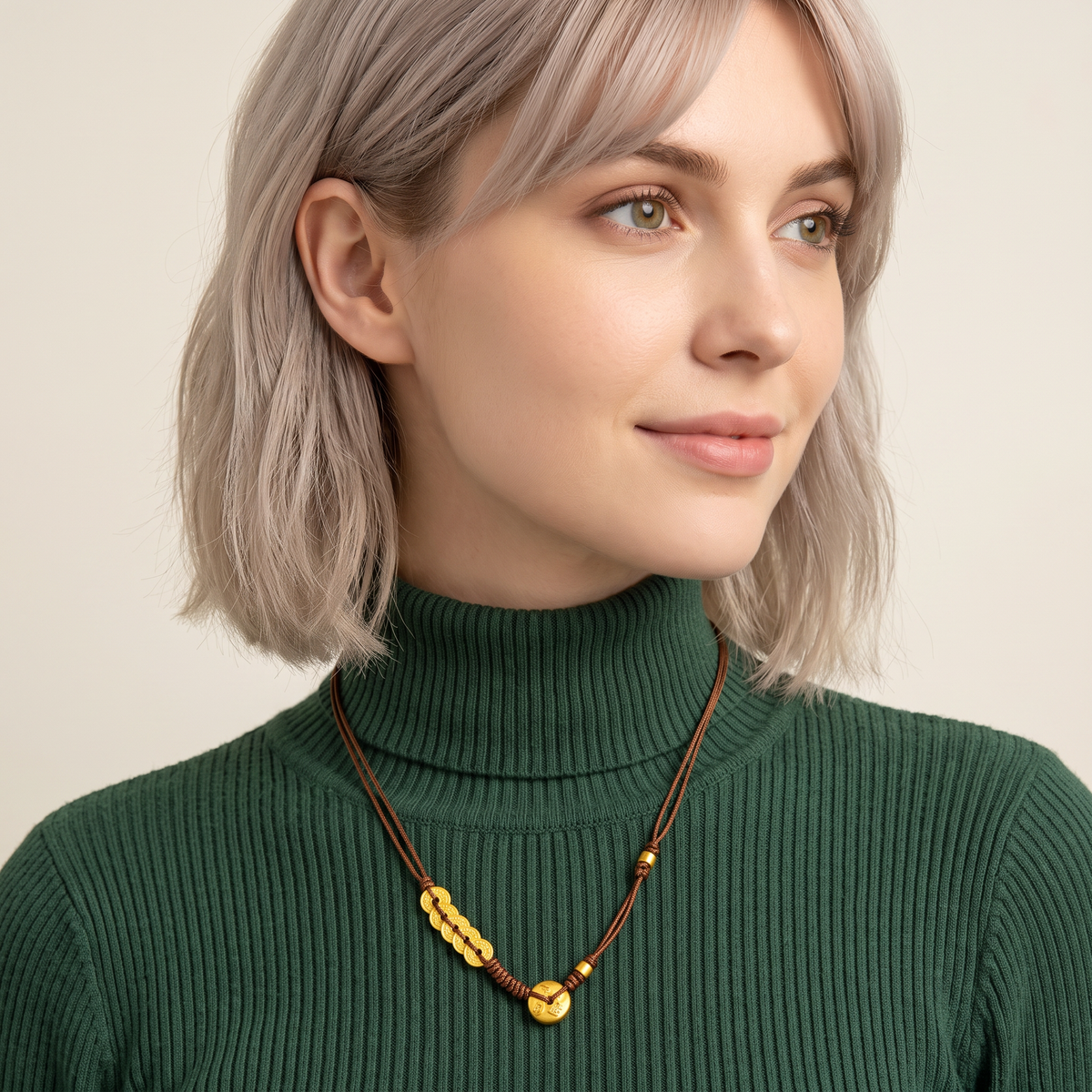 24k 999 Gold Five Emperor Coins Auspicious Gold Ingot Buckle Cord Necklace