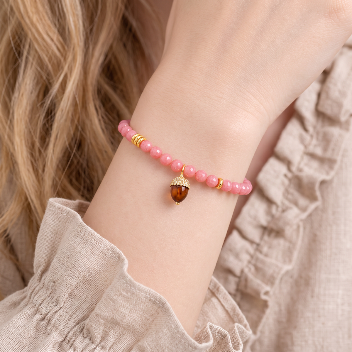 24K 999 Gold Flat Bead with Acorn Charm Fortune Lucky Chalcedony Beads Bracelet