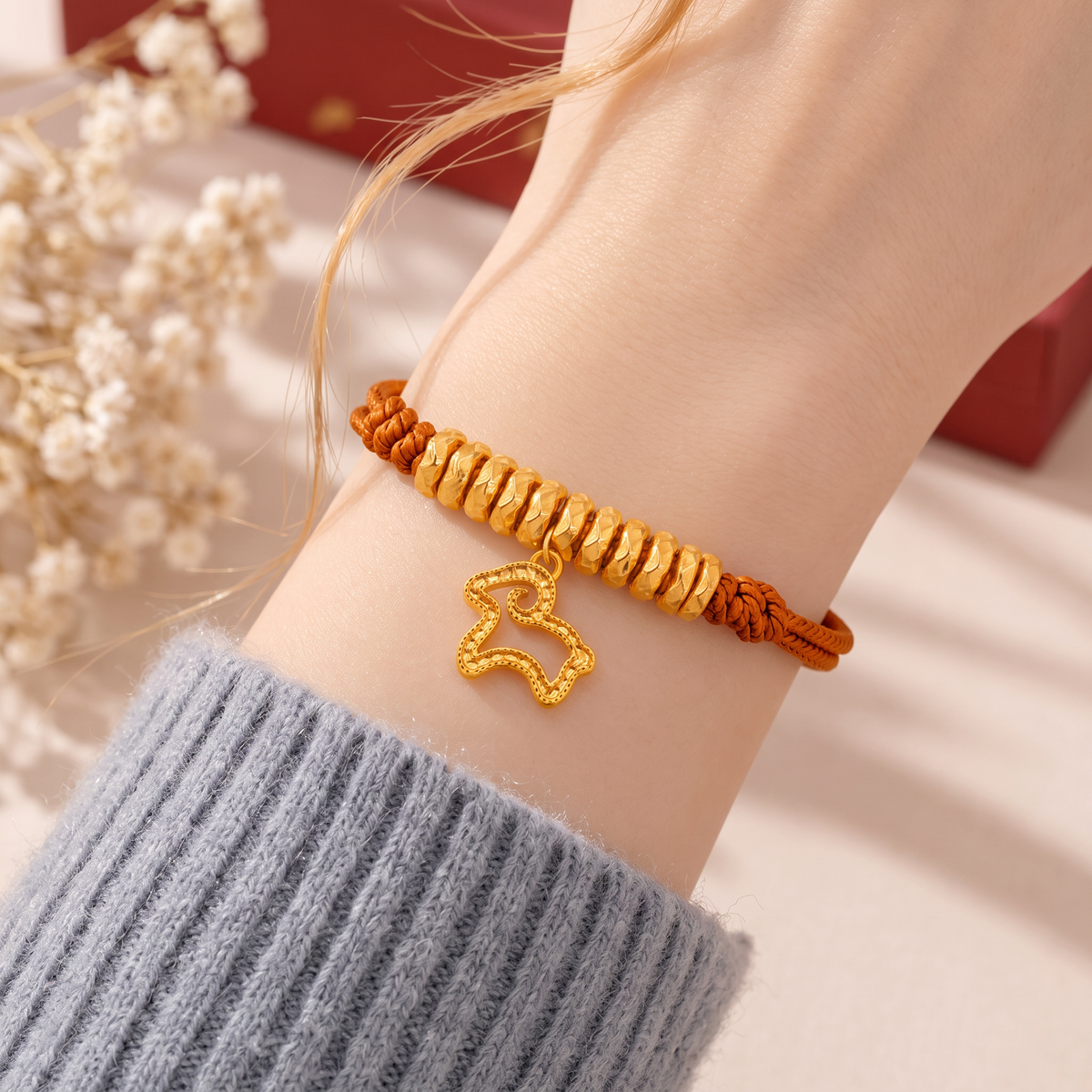 24k 999 Gold Zodiac year of Sheep Charm Cord Adjustable Bracelet