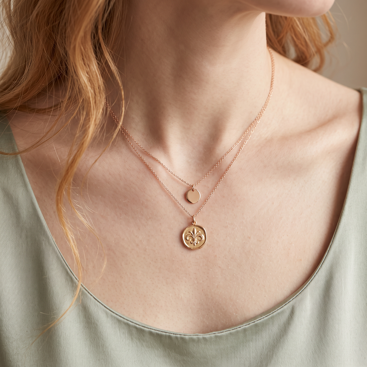 18K Gold Wax Seal Stamp Style Rose Flower or Fleur-de-Lis Pendant Romantic Gift