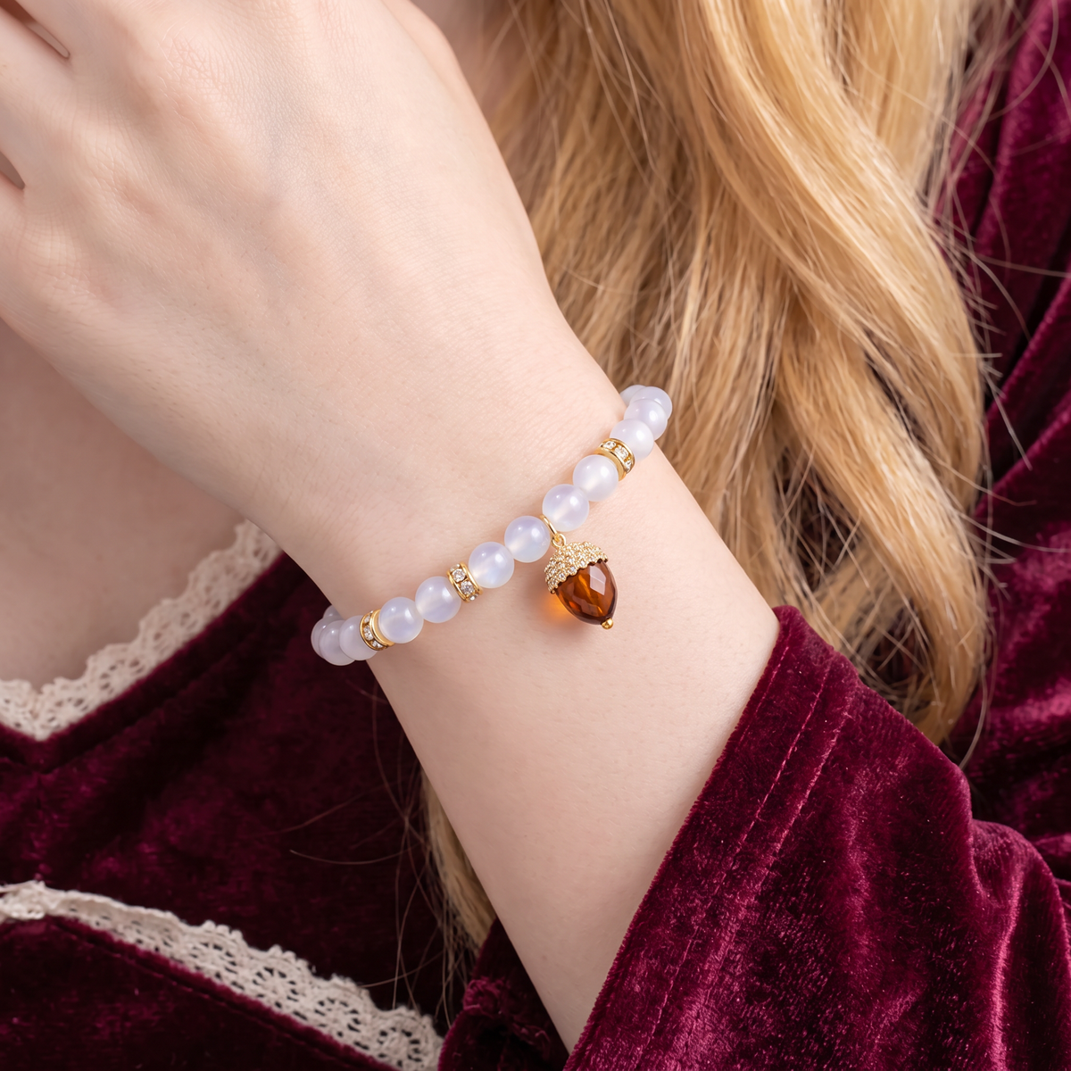 24K 999 Gold Bead with Acorn Charm Fortune Lucky White Agate Beads Bracelet