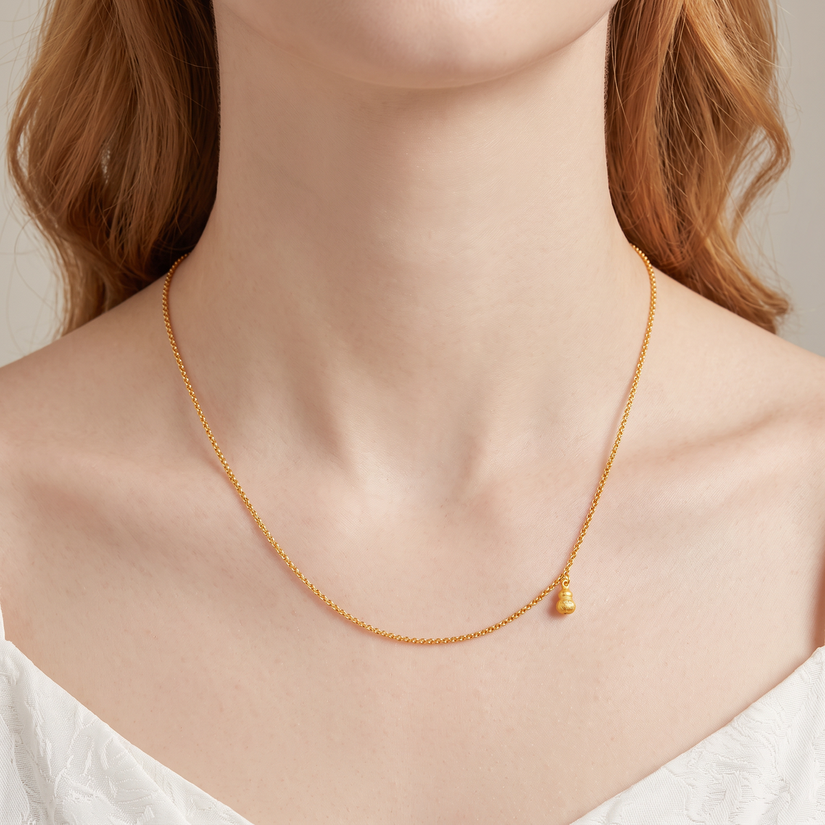 24k 999 Fine Gold Minimal Gourd Charm Necklace Chain