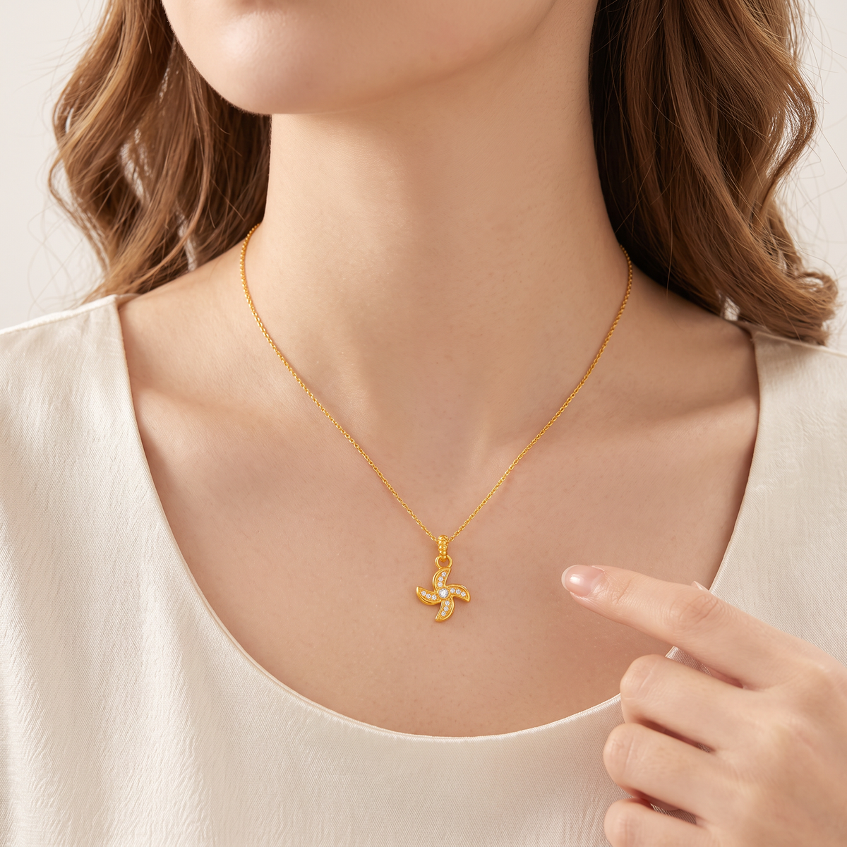24K 999 Gold Windmill Fan Good Fortune Lock Bow Charm Pendant