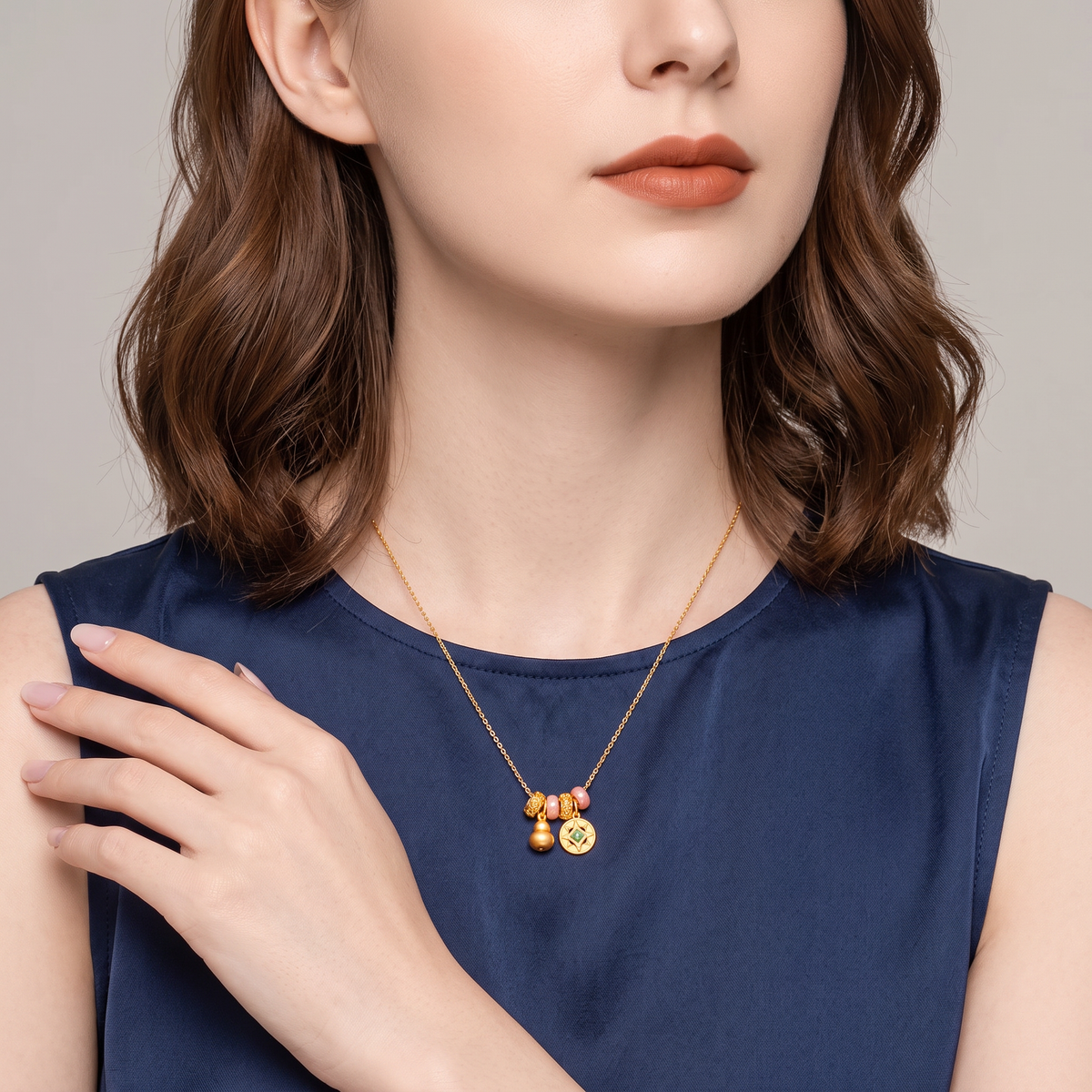 24k 999 Gold Gourd Chinese Enamel Coin Lucky Pendant Necklace