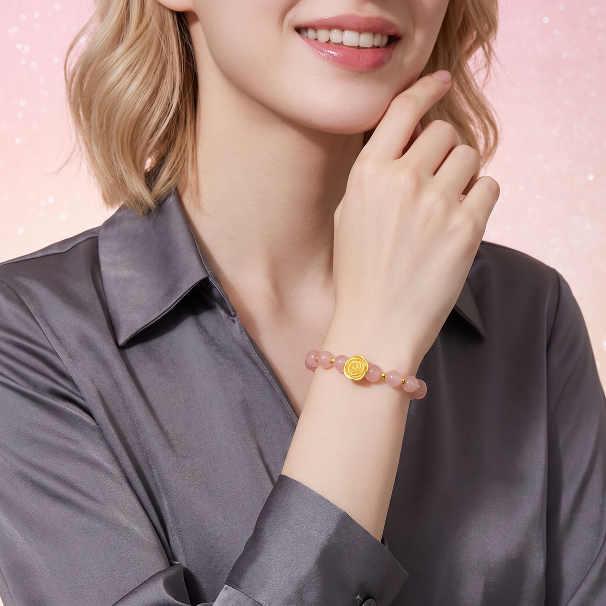24K 999 Fine Gold Rose Shaped Flower Charm with Luck Pink Agate Bracelet Gift