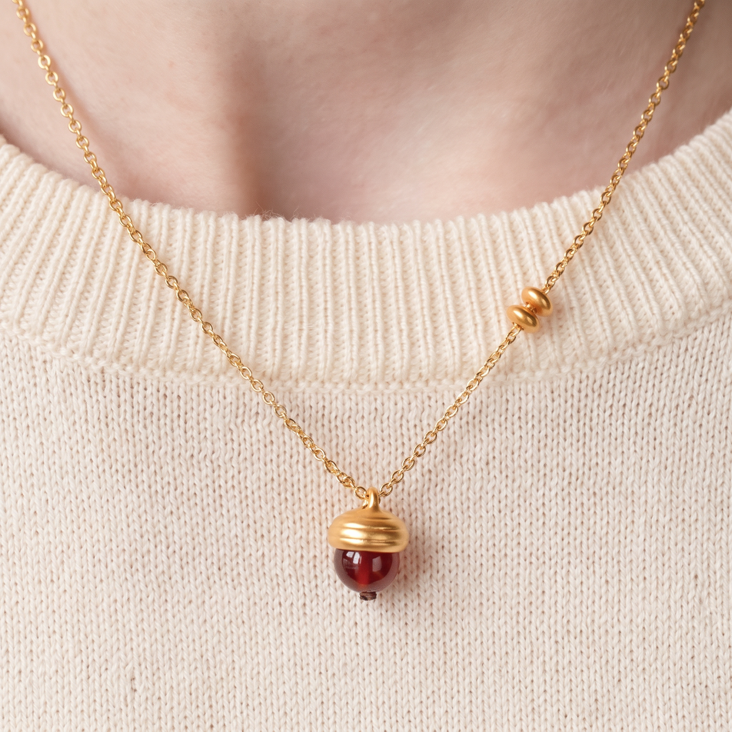 24k Pure 999 Gold Garnet Acorn Charm Pendant Necklace