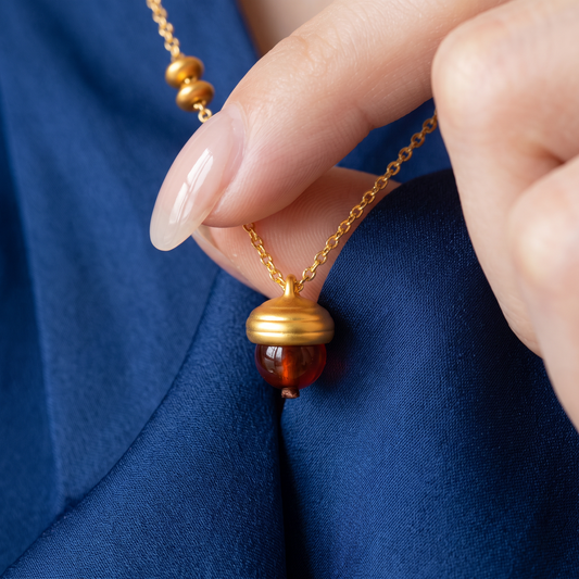 24k Pure 999 Gold Garnet Acorn Charm Pendant Necklace