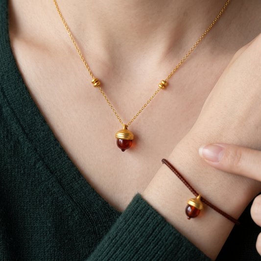24k Pure 999 Gold Garnet Acorn Charm Pendant Necklace