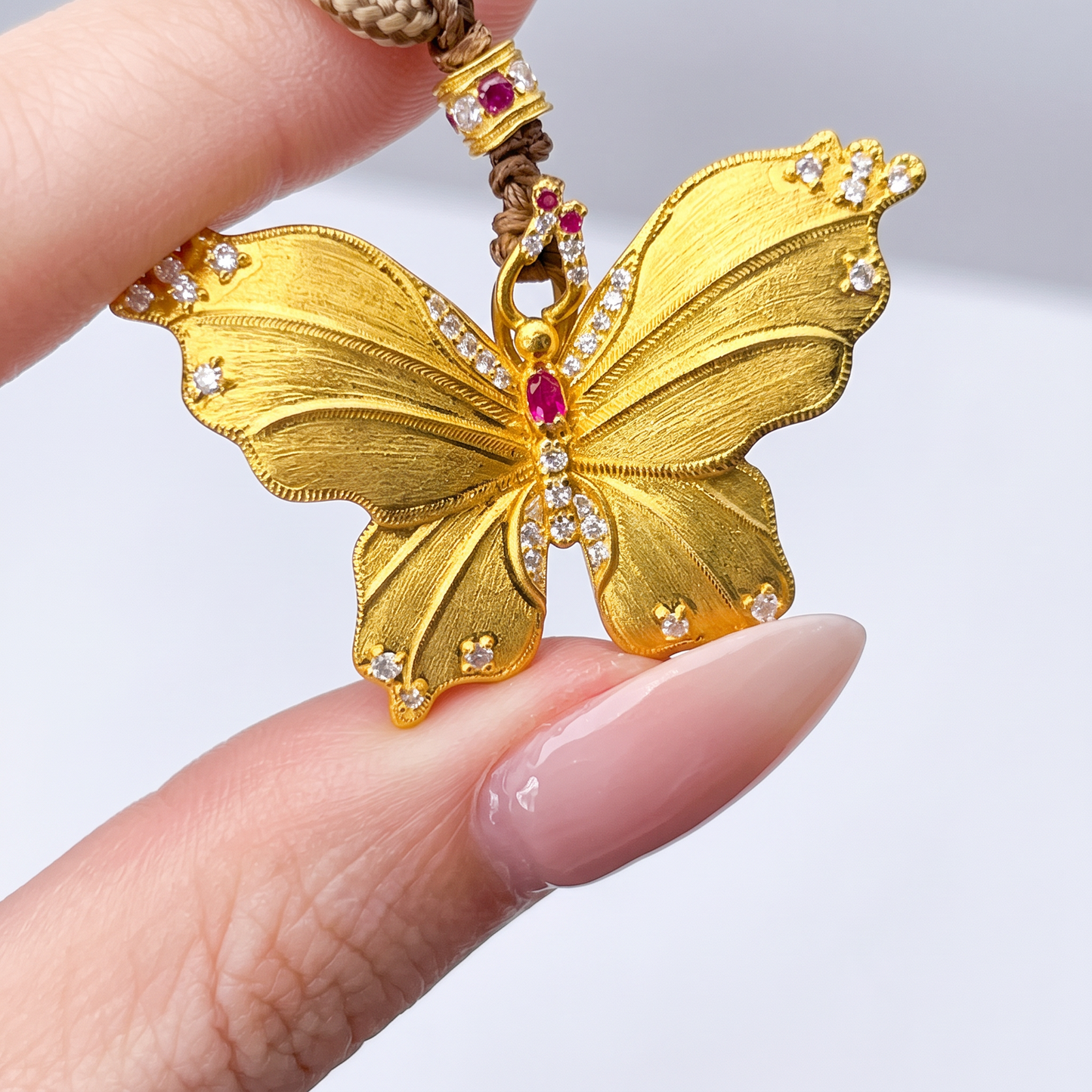 24K 999 Gold Vintage-Style Textured Gemstone Accent Butterfly Pendant
