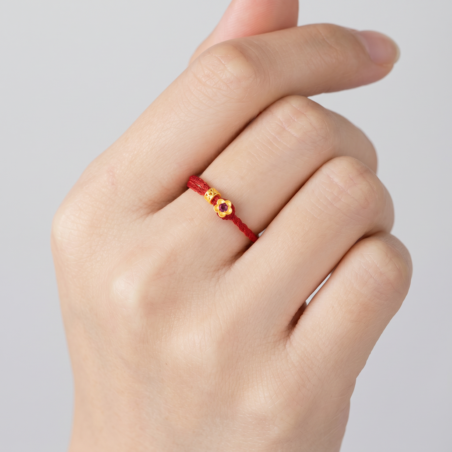 24K 999 Gold Flower Adjustable Red String Ring