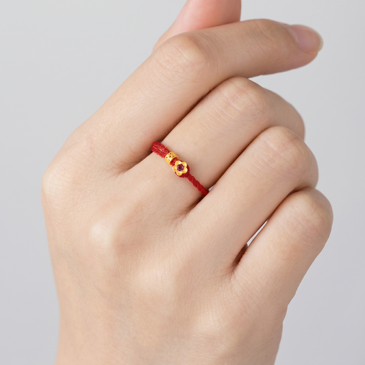 24K 999 Gold Flower Adjustable Red String Ring