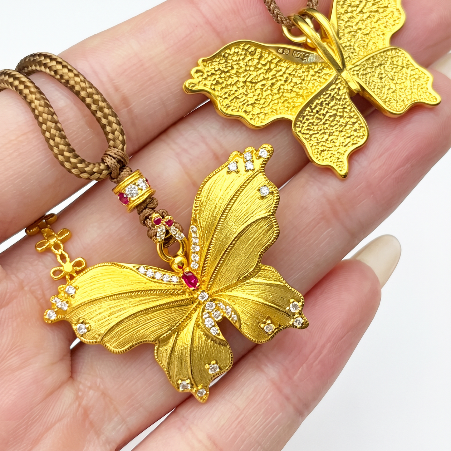 24K 999 Gold Vintage-Style Textured Gemstone Accent Butterfly Pendant