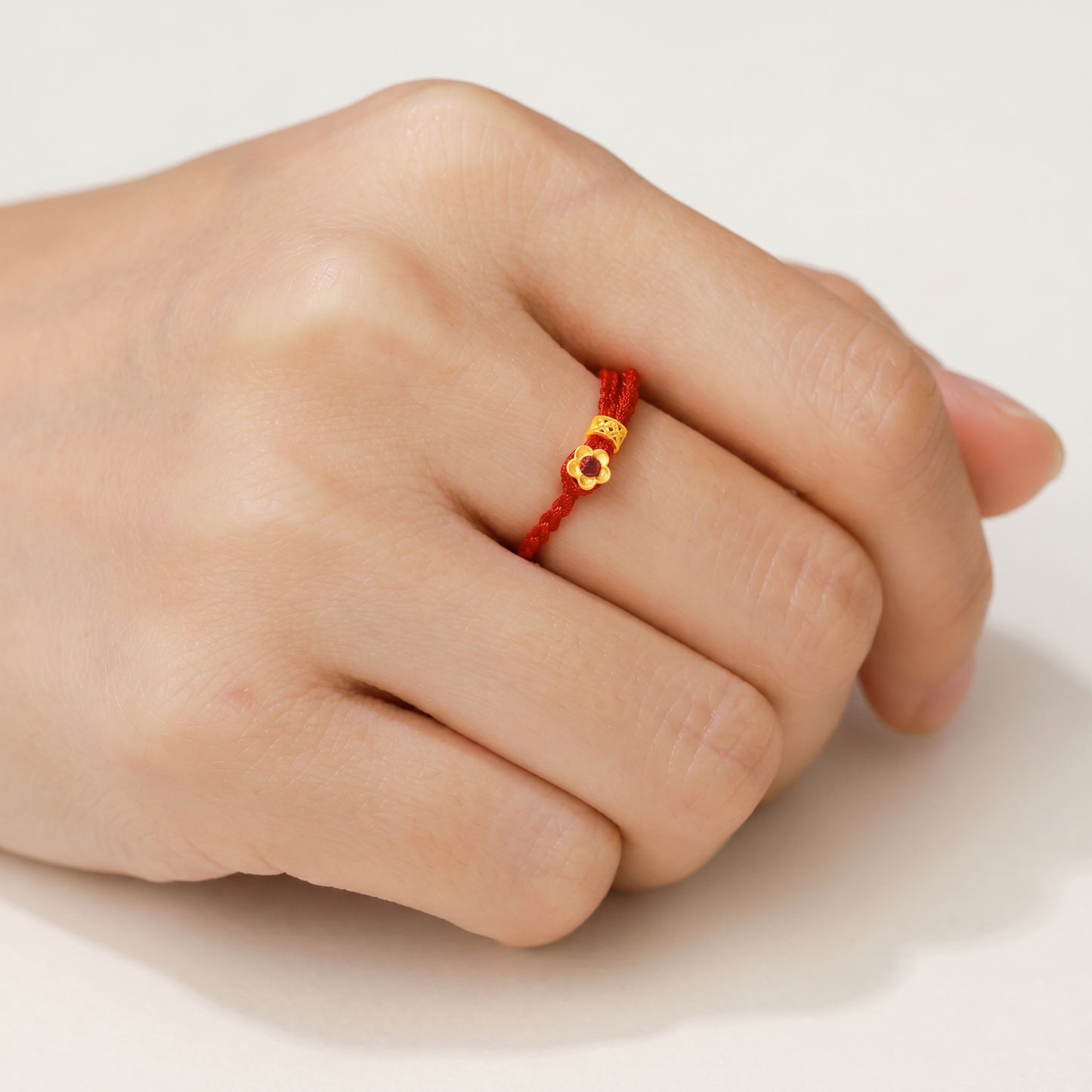24K 999 Gold Flower Adjustable Red String Ring
