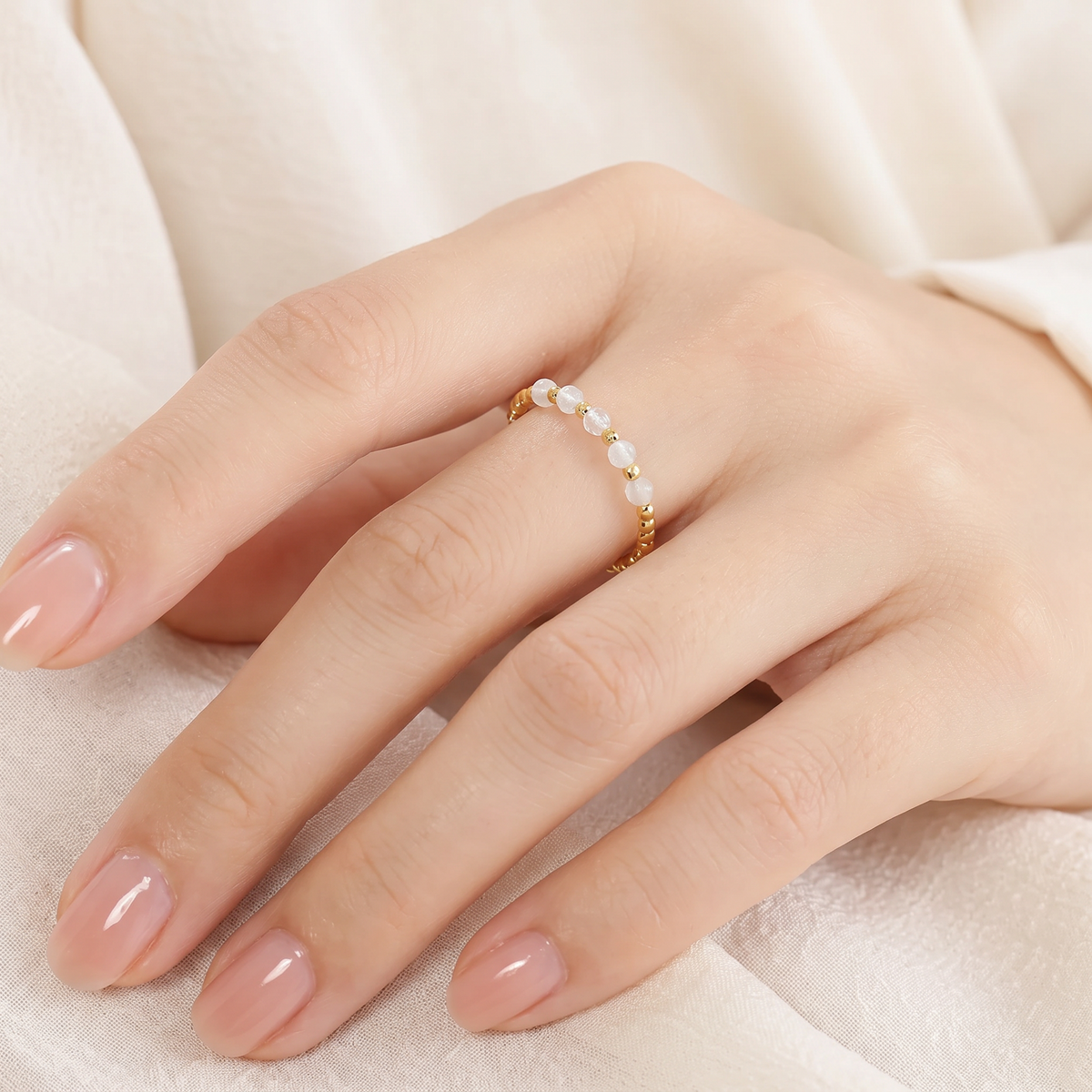 24K Gold Aquamarine Inlaid Beaded Ring