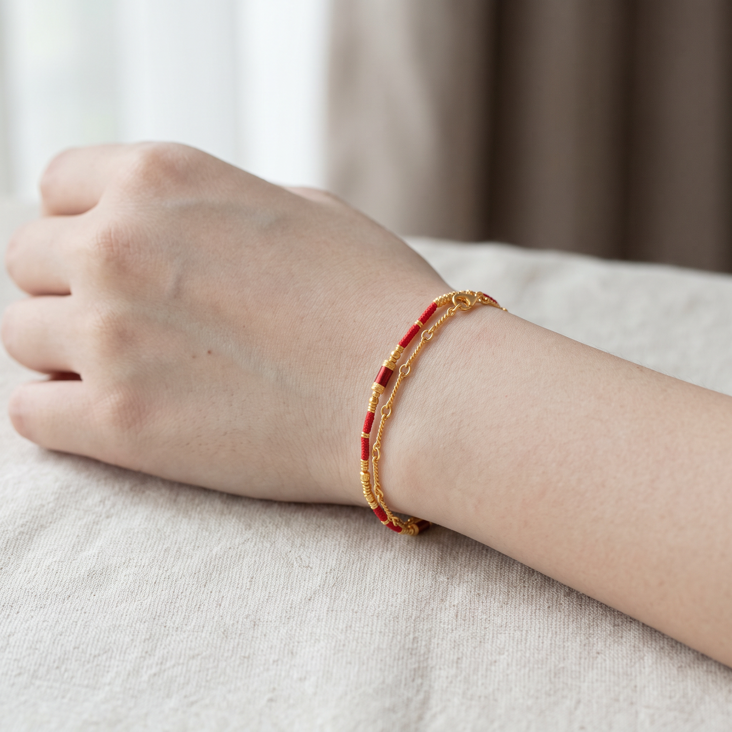 24K 999 Fine Gold Beads Enamel Red Cord Bracelet