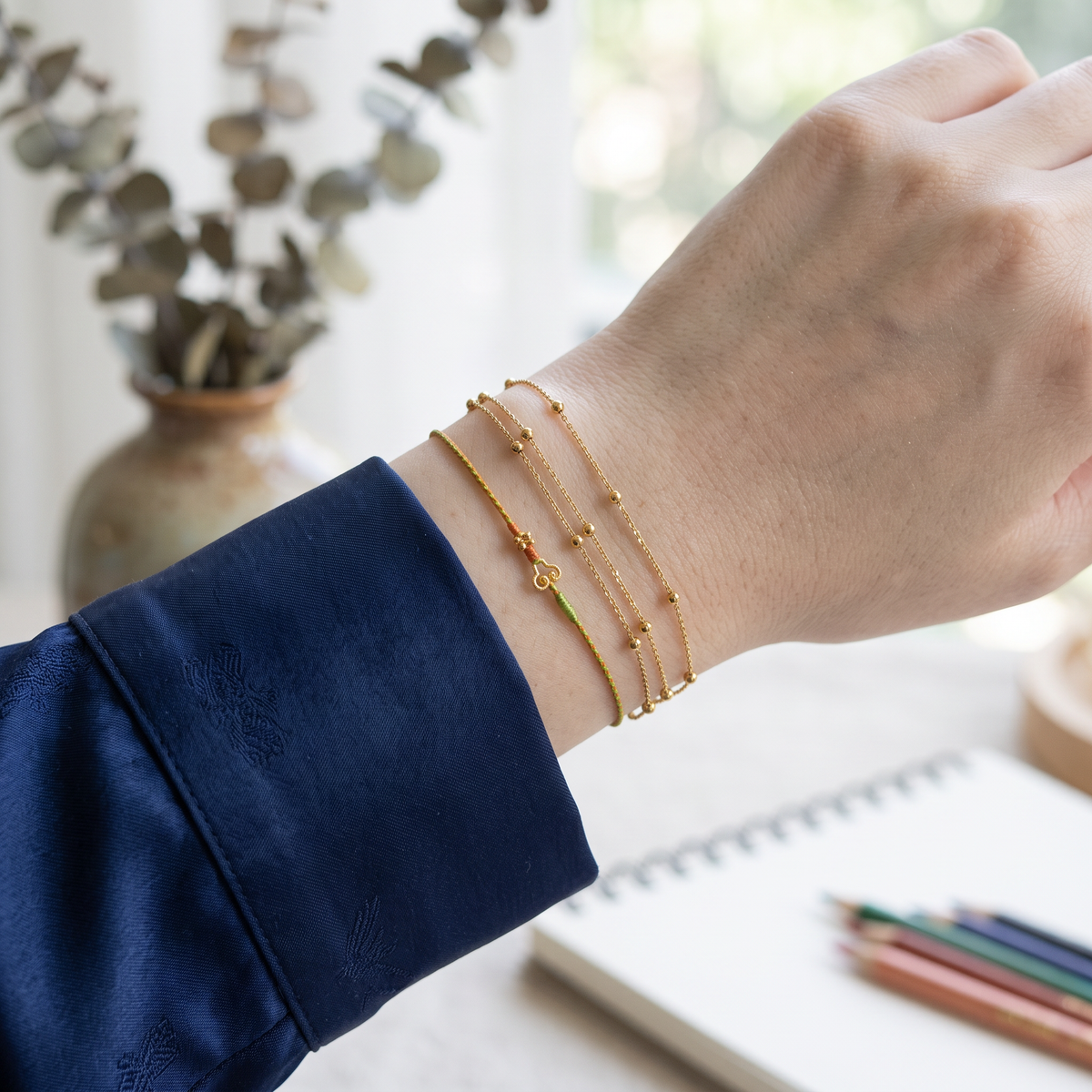 24k 999 Gold Ruyi Luck Charm Ultra Thin Cord Adjustable Unisex Bracelet