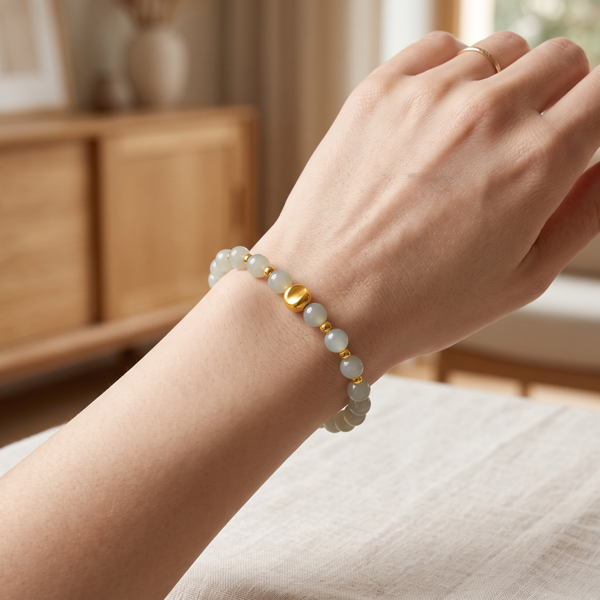 24K 999 Fine Gold Cat's Eye Beads Bracelet Pearl Agate Beads Gift for Girlfriend Wife or Best Friend Birthday