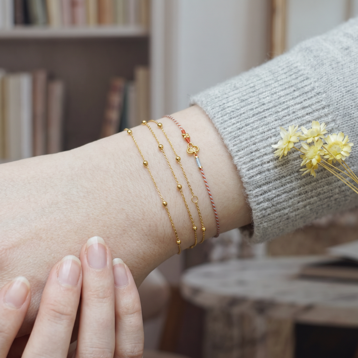 24k 999 Gold Ruyi Luck Charm Ultra Thin Cord Adjustable Unisex Bracelet