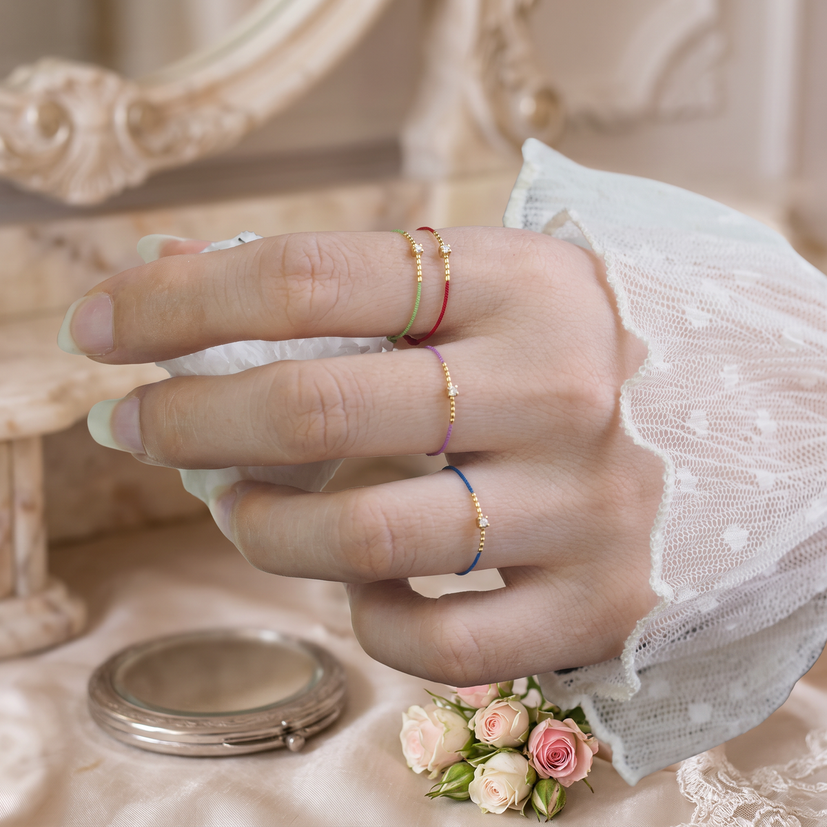 18K Gold Beads with Natural Diamond Thin Adjustable Cord Ring