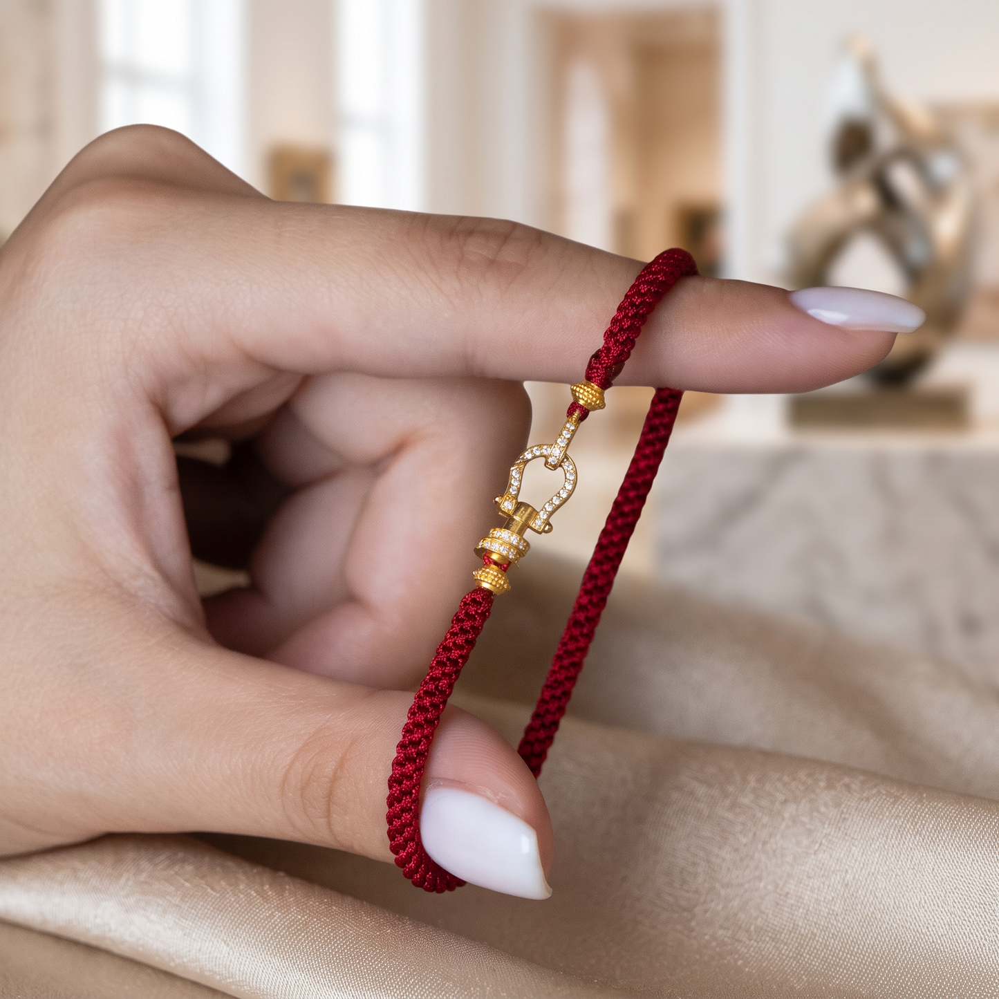 24K 999 Fine Gold Red Cord Bracelet with Moissanite Horseshoe Clasp