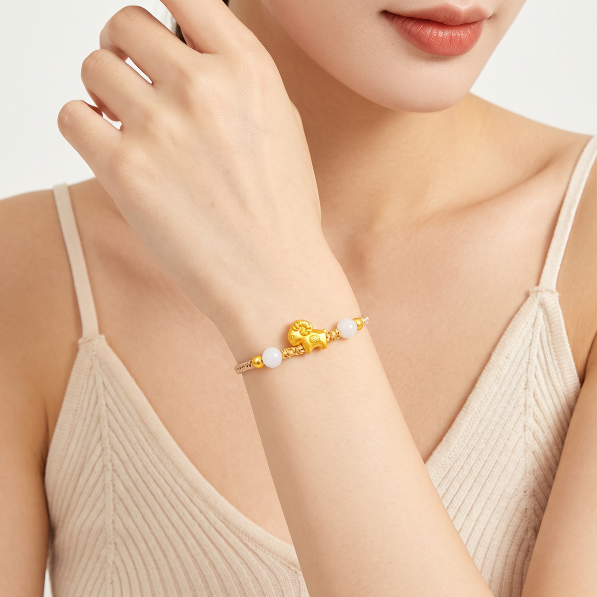 24k 999 Gold Zodiac Sheep Goat Charm Woven Adjustable Bracelet