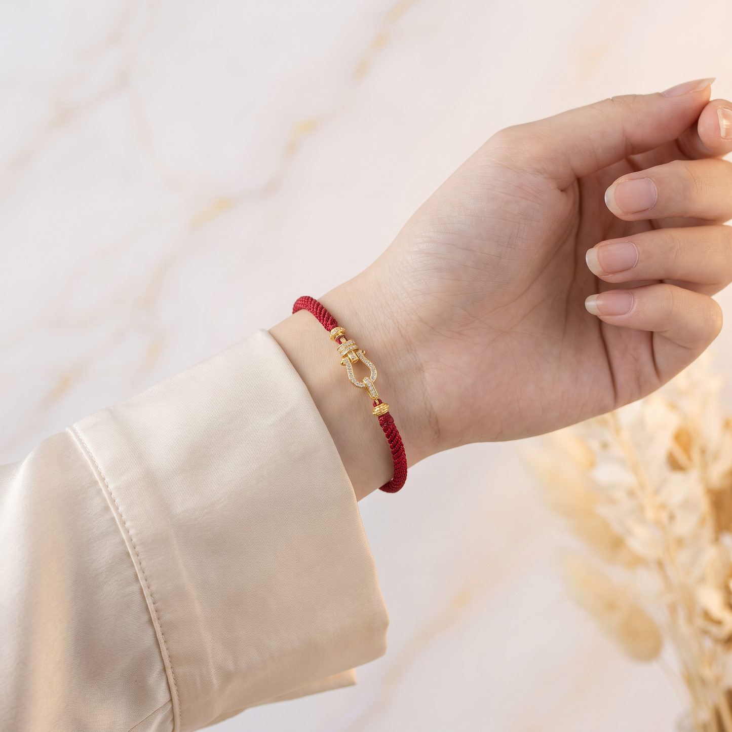 24K 999 Fine Gold Red Cord Bracelet with Moissanite Horseshoe Clasp