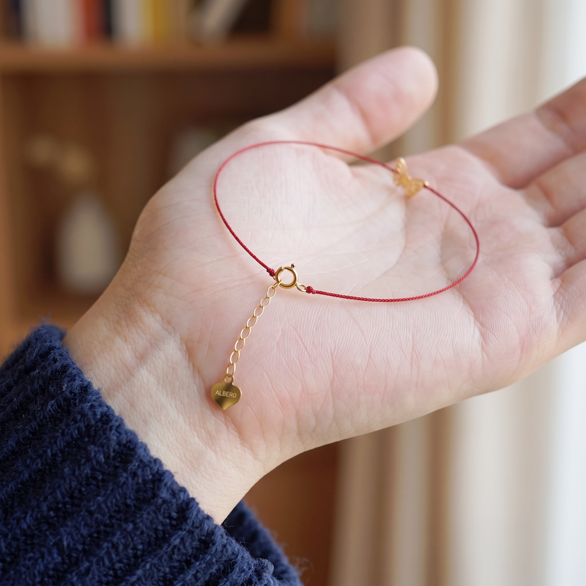 18K Gold Butterfly Charm Red Cord Adjustable Lucky Bracelet